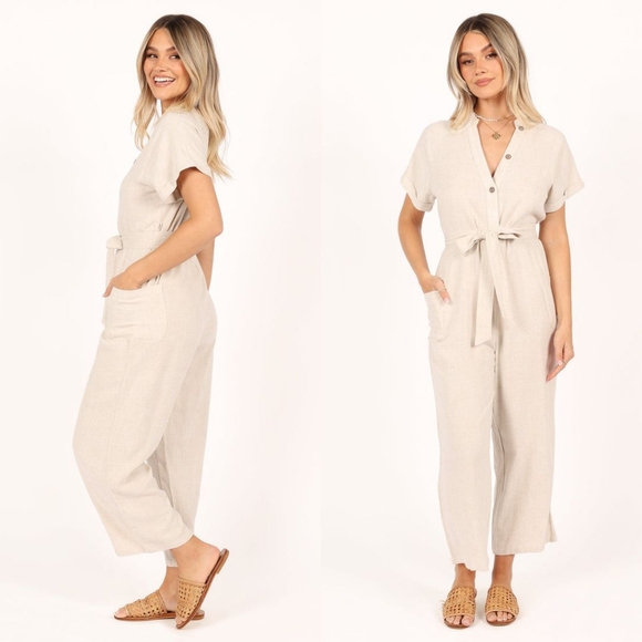 ↠ Petal & Pup Boho Minimalist Oat Chai Cream Archie Button Front Linen Jumpsuit - Picture 9 of 13